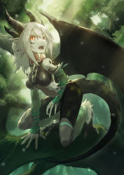 Rule 34 | 1girl, absurdres, bike shorts, branch, chain, collar, detached sleeves, dragon girl, dragon horns, dragon tail, dragon wings, female focus, furry, furry female, highres, horns, midriff, nature, open mouth, original, outdoors, pale skin, pointy ears, red eyes, shimizu tsubasa, solo, tail, teeth, tree, upper teeth only, wings