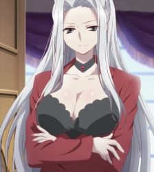 Rule 34 | 10s, 1girl, breasts, choker, cleavage, grey eyes, greyworth ciel mais, highres, large breasts, long hair, nail polish, non-web source, screencap, seirei tsukai no blade dance, silver hair, smile, solo, stitched, third-party edit, very long hair