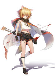 Rule 34 | 1girl, absurdres, animal ear fluff, animal ears, anson jun, arknights, arms at sides, arrow (projectile), bandaged arm, bandages, belt, black footwear, black gloves, black scarf, black shorts, blonde hair, blouse, blush, bow (weapon), cape, clenched hands, closed mouth, crystal, fingerless gloves, fox ears, fox tail, full body, gloves, hair ornament, hairclip, highres, holding, holding bow (weapon), holding weapon, hood, hood down, hooded cape, jewelry, leg wrap, looking away, material growth, mechanical arms, navel, necklace, notched ear, orange eyes, oripathy lesion (arknights), pendant, quiver, scarf, shadow, shirt, shoes, short hair, shorts, simple background, single mechanical arm, solo, standing, standing on one leg, strapless, tail, toeless footwear, tube top, upshorts, v-shaped eyebrows, vermeil (arknights), walking, weapon, white background, white shirt