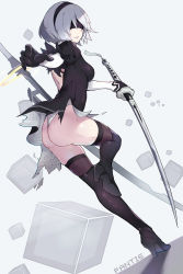 Rule 34 | 1girl, ass, black dress, black gloves, black thighhighs, blindfold, boots, breasts, dress, gloves, hairband, highres, holding, holding sword, holding weapon, leotard, medium breasts, nier (series), nier:automata, pantie painting, parted lips, silver hair, solo, standing, standing on one leg, sword, thighhighs, torn clothes, torn dress, weapon, white leotard, 2b (nier:automata)