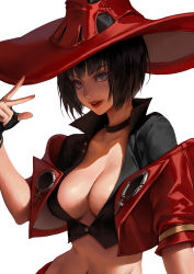 1girl, absurdres, black hair, blue eyes, bob cut, breasts, charles (106858), choker, commentary, crop top, english commentary, eyebrows visible through hair, fingerless gloves, gloves, guilty gear, guilty gear strive, hat, highres, i-no, jacket, large breasts, makeup, midriff, mole, mole above mouth, mole under eye, navel, open mouth, red headwear, red jacket, red lips, shaded face, simple background, solo, stomach, venus symbol, white background, witch hat