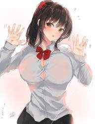 Rule 34 | 1girl, ?, against glass, black skirt, blush, bow, bowtie, breast press, breasts, brown eyes, brown hair, button gap, cleavage, collarbone, collared shirt, hands up, highres, large breasts, long hair, looking at viewer, no bra, open mouth, original, ponytail, scribble, shirt, signature, simple background, sketch, skirt, solo, upper body, white shirt, yaegashi nan