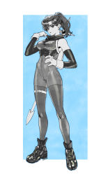 Rule 34 | 1girl, black eyes, black footwear, blue background, bodysuit, copyright request, covered navel, detached sleeves, full body, hand up, highres, long hair, looking at viewer, okada (hoooojicha), ponytail, shoes, simple background, sleeveless, solo, spot color, standing, thighhighs