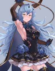 Rule 34 | 1girl, animal ears, aqua (popogori), arm up, armpits, bare shoulders, black dress, blue cape, blue hair, blush, breasts, cape, commentary request, covered navel, curly hair, dress, earrings, elbow gloves, erune, ferry (granblue fantasy), frown, gloves, granblue fantasy, grey background, hair between eyes, hair ornament, hairclip, holding, holding whip, jewelry, long hair, looking at viewer, medium breasts, sideless outfit, simple background, single earring, skin tight, solo, very long hair, whip, x hair ornament, yellow eyes