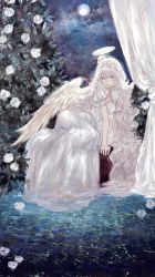Rule 34 | 1girl, angel wings, buttons, cloud, curtains, dress, eyebrows hidden by hair, flower, frilled sleeves, frills, grey eyes, hair between eyes, hair flowing over, halo, highres, leaning to the side, long hair, looking at viewer, moon, original, parted lips, rose, shirone (coxo ii), solo, veil, very long hair, water, wavy hair, white flower, white hair, white rose, wings