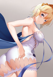Rule 34 | 1girl, absurdres, ass, ass cutout, bare arms, bare shoulders, blonde hair, blue eyes, blue hair, blush, breasts, butt crack, closed mouth, clothing cutout, commentary request, dress, dutch angle, europa (granblue fantasy), gradient hair, granblue fantasy, grey background, hair ornament, highres, huge ass, jewelry, lips, looking at viewer, medium breasts, multicolored hair, shiny skin, short dress, short hair, simple background, smile, solo, strapless, strapless dress, tiara, vitotraps