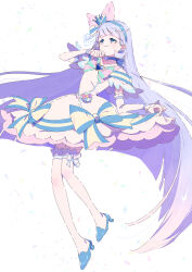 1girl aqua_bow aqua_bowtie aqua_eyes bare_shoulders blue_bow blue_brooch blue_choker blue_crown blue_footwear blue_hairband blunt_bangs blunt_ends bow bow_choker bow_legwear bowtie brooch choker closed_mouth clothing_cutout commentary confetti crown crown_earrings cure_nyammy dress dress_bow earrings eyelashes frilled_arm_warmers frilled_dress frilled_sleeves frilled_thighhighs frills full_body grey_hair hair_bow hairband heart heart_brooch high_heels highres jewelry light_blush long_hair magical_girl mini_crown nekoyashiki_yuki paru_rari pink_bow precure short_dress short_sleeves shoulder_cutout signature single_stripe skirt_hold smile solo standing straight_hair striped_bow striped_bowtie striped_clothes thighhighs twitter_username very_long_hair watermark white_arm_warmers white_bow white_dress white_thighhighs wonderful_precure!