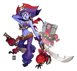 Rule 34 | 1girl, bone bra, colored skin, earrings, hat, highres, holding, holding sword, holding weapon, jewelry, midriff, multiple others, open mouth, pants, pirate, pirate hat, purple hair, purple pants, purple skin, purple tube top, red eyes, risky boots, shantae (series), strapless, sword, thehelmet guy, tinkerbat, treasure chest, tube top, weapon