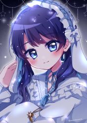 Rule 34 | 1girl, absurdres, black background, blue choker, blue eyes, blue hair, blue ribbon, blush, choker, closed mouth, commentary, crescent, crescent necklace, dark blue hair, dress, gradient background, grey background, hair ribbon, hand up, highres, jewelry, knees up, link! like! love live!, long hair, looking at viewer, love live!, low twintails, mole, mole on neck, murano sayaka, necklace, ribbon, ribbon choker, sasakura sakura, smile, solo, split mouth, tsuki makase (love live!), twintails, twitter username, unworn jewelry, unworn necklace, upper body, virtual youtuber, white dress, white headdress