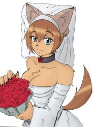 Rule 34 | 1girl, animal ears, artist request, bouquet, breasts, bridal veil, bride, chest tuft, choker, claws, cleavage, collarbone, detached sleeves, dog ears, dog girl, dog tail, dress, fang, fang out, fingernails, flower, furry, furry female, greyscale, highres, holding, holding bouquet, large hands, long fingernails, medium breasts, monochrome, monster musume no iru nichijou, off-shoulder dress, off shoulder, petals, polt, red flower, red rose, rose, sharp fingernails, short hair, sketch, smile, solo, source request, tail, veil, wedding, wedding dress, white dress