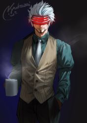 Rule 34 | 1boy, ace attorney, artist name, beard, black background, black pants, brown vest, coffee mug, cup, facial hair, facing viewer, godot (ace attorney), green shirt, grin, hand in pocket, highres, holding, holding cup, long sleeves, male focus, mug, necktie, nyuukazai, pants, phoenix wright: ace attorney - trials and tribulations, shirt, simple background, smile, solo, standing, steam, vest, visor, white hair, white necktie