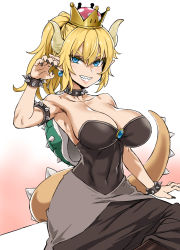 Rule 34 | &gt;:d, 1girl, :d, arm support, armlet, armpits, asanagi, bare shoulders, black dress, black nails, blonde hair, blue eyes, borrowed design, bowsette, bracelet, breasts, claw pose, cleavage, clenched teeth, collar, collarbone, commentary request, crown, dress, earrings, female focus, fingernails, gradient background, grin, highres, horns, jewelry, large breasts, lips, long hair, looking at viewer, mario (series), mini crown, monster girl, nail polish, new super mario bros. u deluxe, nintendo, open mouth, ponytail, sharp fingernails, sharp teeth, shell, sitting, smile, spiked armlet, spiked bracelet, spiked collar, spiked shell, spiked tail, spikes, strapless, strapless dress, super crown, tail, teeth, turtle shell