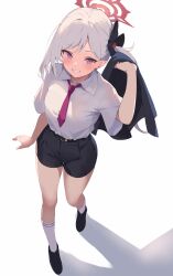 Rule 34 | 1girl, absurdres, blue archive, collared shirt, highres, looking at viewer, mushpz, mutsuki (blue archive), mutsuki (suit) (blue archive), necktie, pink eyes, shirt, short sleeves, simple background, smile, solo, standing, white hair
