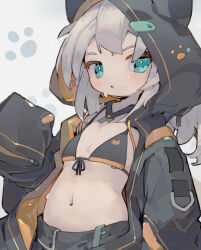 Rule 34 | 1girl, absurdres, animal hood, animal print, aqua eyes, arm at side, bikini, bikini top only, black bikini, cat hood, cat print, commentary request, dated commentary, drawstring, flat chest, front-tie bikini top, front-tie top, grey hair, grey hoodie, hand up, highres, hood, hood up, hoodie, light blush, long hair, long sleeves, looking at viewer, navel, nep (nep 76), open clothes, open hoodie, orange hoodie, orange trim, original, paw print, paw print background, print bikini, sleeves past fingers, sleeves past wrists, solo, swimsuit, two-sided fabric, two-sided hoodie