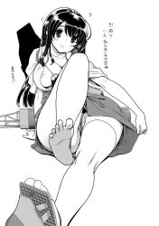 Rule 34 | 10s, 1girl, akagi (kancolle), areola slip, barefoot, black hair, breasts, cleft of venus, collarbone, feet, female focus, greyscale, highres, japanese clothes, kantai collection, kazumi yoshiyuki, large breasts, leg lift, legs, long hair, lying, monochrome, muneate, nipples, on back, open clothes, panties, pussy, sandals, shoes, simple background, single shoe, single thighhigh, skirt, smile, soles, solo, thighhighs, toes, translation request, uncensored, underwear, upskirt, white background, white thighhighs, wide hips