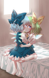 Rule 34 | 2girls, alternate wings, bad id, bad pixiv id, barefoot, blue eyes, blue hair, bow, cirno, couple, daiyousei, green hair, hair bow, highres, imminent kiss, kuromame (8gou), multicolored wings, multiple girls, short hair, side ponytail, touhou, wings, yuri