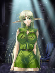 Rule 34 | 1girl, blush, breasts, deedlit, elf, fantasy, green eyes, green hair, impossible clothes, impossible shirt, kagami hirotaka, large breasts, long hair, matching hair/eyes, pointy ears, record of lodoss war, shirt, solo, wet