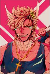 Rule 34 | 1boy, bandage on face, bandaged neck, bandages, battle tendency, blonde hair, blue eyes, caesar anthonio zeppeli, cigarette, cross, cross necklace, facial mark, feather hair ornament, feathers, fingerless gloves, gloves, hair ornament, hairclip, holding, holding weapon, jewelry, jojo no kimyou na bouken, male focus, mouth hold, necklace, shirt, solo, suzuri513, tank top, torn clothes, torn shirt, triangle print, weapon