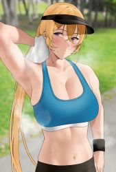 Rule 34 | 1girl, arm behind head, arm up, armpits, bad id, bad pixiv id, black hat, black pants, blonde hair, blue sports bra, blurry, blurry background, blush, breasts, breath, cleavage, crossed bangs, exercising, grass, hair between eyes, hat, highres, holding, holding towel, large breasts, long hair, looking to the side, midriff, nakiri erina, navel, outdoors, pants, ponytail, purple eyes, revision, rinrin (user tvcf4347), shokugeki no souma, skindentation, solo, sports bra, steaming body, stomach, sweat, towel, tree, upper body, visor cap, wiping sweat, wristband