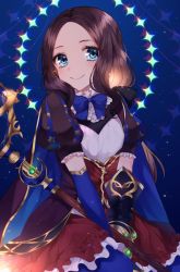 Rule 34 | 1girl, bad id, bad pixiv id, blue bow, blue bowtie, blue cape, blue eyes, blue gloves, blue pantyhose, bow, bowtie, brown cape, brown hair, cape, closed mouth, commentary request, crescent, eburidei hitomigokuu, elbow gloves, fate/grand order, fate (series), forehead, gauntlets, gloves, highres, holding, holding staff, leonardo da vinci (fate), leonardo da vinci (fate/grand order), leonardo da vinci (rider) (fate), long hair, multicolored cape, multicolored clothes, pantyhose, parted bangs, puff and slash sleeves, puffy short sleeves, puffy sleeves, red skirt, shirt, short sleeves, single gauntlet, single glove, skirt, smile, solo, staff, underbust, white shirt