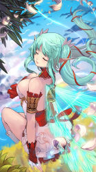 Rule 34 | 1girl, absurdres, aqua hair, armlet, bare shoulders, bow, breasts, bridal gauntlets, cleavage, cloud, day, divine girls, closed eyes, fairy, highres, large breasts, long hair, ocean, original, petals, pointy ears, qbspdl, sitting, sky, solo, wings