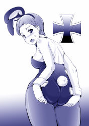 Rule 34 | 10s, 1girl, animal ears, ass, bow, bowtie, cowboy shot, cross, detached collar, fake animal ears, from behind, girls und panzer, gradient background, highres, iron cross, kumoi takashi, leaning forward, leotard, monochrome, open mouth, pantyhose, playboy bunny, rabbit ears, rabbit tail, ritaiko (girls und panzer), short hair, solo, sweat, tail, very short hair, wrist cuffs