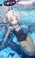 Rule 34 | 1girl, absurdres, bare arms, bare shoulders, blue archive, blue one-piece swimsuit, blush, grey hair, hair ornament, halo, highres, hina (blue archive), hina (swimsuit) (blue archive), horns, innertube, long hair, looking at viewer, low wings, official alternate costume, one-piece swimsuit, partially submerged, pool, purple eyes, purple halo, silvertsuki, solo, starfish, swim ring, swimsuit, thighs, water, wet, whistle, wings