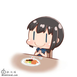 Rule 34 | 1girl, artist logo, blue dress, blush, brown hair, chibi, closed mouth, commentary request, dated, dress, food, fubuki (kancolle), kantai collection, low ponytail, medium hair, one-hour drawing challenge, own hands together, plate, polka dot, polka dot dress, pudding, rice, shiromaru (maniado), short sleeves, sidelocks, simple background, smile, solo, steak, table, tempura, twitter username, upper body, white background, | |