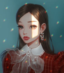 Rule 34 | 1girl, arms at sides, black eyes, brown hair, checkered clothes, checkered dress, chromatic aberration, closed mouth, collar, commentary request, dress, earrings, eyelashes, highres, jewelry, lips, long hair, looking at viewer, original, peter pan collar, pink lips, portrait, red dress, rena illusion, solo, transparent, white collar, window shadow