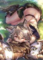 Rule 34 | 10s, 1girl, animal ears, ankle boots, belt, blush, boots, brown eyes, brown footwear, butt crack, claws, erune, eyebrows, granblue fantasy, grass, green skirt, hair between eyes, hip vent, ks (xephyrks), lying, on ground, one eye closed, pleated skirt, sen (granblue fantasy), shade, skirt, solo