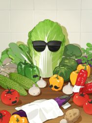 Rule 34 | broccoli, cabbage, cucumber, food, food focus, highres, mushroom, no humans, potato, red pepper, salad, sq (series), sunglasses, tanjiu, tile wall, tiles, tomato, vegetable, yellow pepper