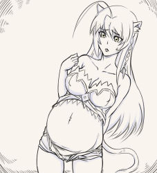 Rule 34 | 10s, 1girl, ahoge, animal ears, arm behind back, bare shoulders, braid, breasts, cleavage, dog days, drawfag, large breasts, leonmitchelli galette des rois, lion ears, long hair, midriff, monocle, navel, pregnant, short shorts, shorts, single braid, solo, tail, yellow eyes