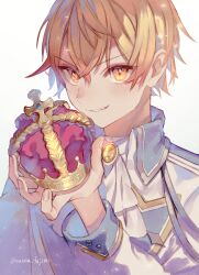 Rule 34 | 1boy, 778-go, artist name, ascot, blue gemstone, blue hair, blush, buttons, collared jacket, colored inner hair, cross, crown, fingernails, gem, hair between eyes, hand up, holding, holding crown, jacket, long sleeves, looking at viewer, male focus, multicolored hair, orange eyes, orange hair, project sekai, shirt, short hair, simple background, smile, solo, teeth, tenma tsukasa, v-shaped eyebrows, white ascot, white background, white jacket, white shirt, yellow gemstone