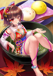 Rule 34 | 1girl, ahoge, alternate costume, bare shoulders, barefoot, bow, breasts, brown hair, cleavage, commentary request, detached sleeves, flower, food, hair bow, hair flower, hair ornament, hakurei reimu, indoors, leaf, looking at viewer, medium breasts, mini person, minigirl, parted lips, red bow, red eyes, short hair, sideboob, sitting, smile, solo, thighs, touhou, uemura shun, wet
