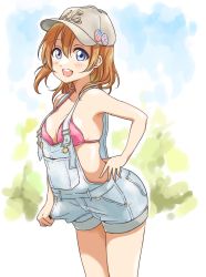 Rule 34 | 10s, 1girl, american flag, armpits, badge, bare arms, bare shoulders, baseball cap, bikini, bikini top only, blue eyes, breasts, button badge, cleavage, england, from side, hair between eyes, hand in pocket, hat, jockey, kosaka honoka, looking at viewer, love live!, love live! school idol project, medium breasts, midriff, open mouth, orange hair, overall shorts, overalls, short hair, sideboob, skindentation, solo, swimsuit, tetopetesone, thighs, union jack