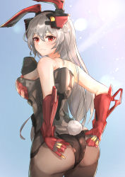 Rule 34 | 1girl, absurdres, animal ears, armor, ass, back, bare shoulders, breasts, charolic (girls&#039; frontline 2), closed mouth, feet out of frame, from behind, full body, gauntlets, girls&#039; frontline, girls&#039; frontline 2: exilium, grey hair, hands on ass, highres, leotard, long hair, looking at viewer, looking back, medium breasts, muteppona hito, pantyhose, rabbit ears, rabbit tail, red eyes, solo, standing, tail, thighs