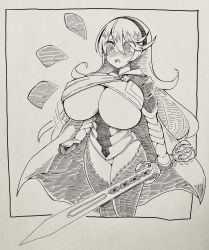 Rule 34 | 1girl, @ @, alternate breast size, blush, bottomless, breast expansion, breasts, bursting breasts, corrin (female) (fire emblem), corrin (fire emblem), embarrassed, fire emblem, fire emblem fates, fire emblem if, highres, holding, holding sword, holding weapon, huge breasts, kamui (fire emblem if), long hair, monochrome, nintendo, no panties, open mouth, rimota12, solo, sword, tagme, underboob, very long hair, weapon, yato (fire emblem)