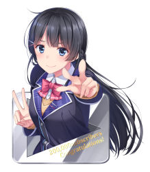 Rule 34 | 1girl, black hair, black jacket, blazer, blue eyes, blush, bow, bowtie, braid, closed mouth, collared shirt, congratulations, dress shirt, hair ornament, hairclip, highres, jacket, long hair, long sleeves, looking at viewer, nijisanji, outstretched arm, pink bow, pink bowtie, school uniform, shirt, simple background, smile, solo, sweater, tsukino mito, tsukino mito (1st costume), v, very long hair, virtual youtuber, white background, white shirt, yuuri nayuta