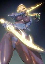 1girl blonde_hair blue_eyes bodysuit breasts contrapposto dark_background dual_wielding final_fantasy final_fantasy_xiv from_below gluteal_fold highres holding holding_weapon hyur kionaoki large_breasts long_hair looking_at_viewer making-of_available mole mole_under_eye ninja_(final_fantasy) ponytail signature skin_tight solo warrior_of_light_(ff14) weapon