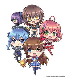 Rule 34 | 5girls, a-chan (hololive), ahoge, ankimo (tokino sora), arm up, beret, blue eyes, blue hair, blue skirt, bow, brown hair, chibi, colonel aki, commentary request, dress, flower, glasses, green eyes, hair between eyes, hair bow, hair flower, hair ornament, hat, hololive, hoshimachi suisei, hoshimachi suisei (1st costume), leg up, long hair, looking at viewer, looking to the side, multiple girls, nontraditional miko, one eye closed, open mouth, pink hair, pleated dress, purple hair, roboco-san, roboco-san (1st costume), sakura miko, sakura miko (old design), short hair, simple background, skirt, smile, star (symbol), star hair ornament, thighhighs, tokino sora, tokino sora (1st costume), virtual youtuber, white background, yellow eyes, zettai ryouiki