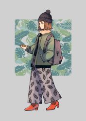 Rule 34 | 1girl, absurdres, backpack, bag, beanie, blunt bangs, compass, expressionless, fur collar, green eyes, hand in pocket, hat, highres, holding compass, jacket, leaf print, looking to the side, nanakawa (nanasoon), open clothes, open jacket, orange hair, original, pants, print pants, shirt, shoes, short hair, solo, walking