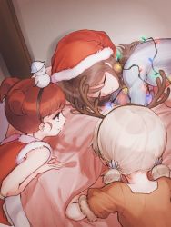 Rule 34 | 100zi, 3girls, aki (girls und panzer), alternate headwear, antlers, blue shirt, brown dress, brown eyes, brown hair, christmas lights, christmas tree, closed eyes, closed mouth, commentary, dress, fake antlers, finnish commentary, fur-trimmed dress, fur trim, girls und panzer, hair tie, hat, highres, horns, keizoku school uniform, leaning forward, long hair, long sleeves, looking at another, low twintails, mika (girls und panzer), mikko (girls und panzer), mixed-language commentary, multiple girls, red dress, red hair, reindeer antlers, sack, santa dress, santa hat, school uniform, shirt, short sleeves, sleeping, sleeveless, sleeveless dress, smile, snowman, striped clothes, striped shirt, tulip hat, twintails, vertical-striped clothes, vertical-striped shirt