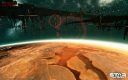 Rule 34 | asteroid, building, cloud, english text, flying, glowing, heads-up display, highres, landscape, logo, no humans, outdoors, planet, realistic, scenery, science fiction, sky, space, space station, spacecraft, star (sky), star conflict, starry sky