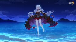 Rule 34 | 1girl, bare legs, barefoot, beach, black dress, black headwear, black sleeves, chinese commentary, cloud, cloudy sky, detached sleeves, dress, earrings, flower, full body, hair between eyes, highres, honkai (series), honkai impact 3rd, jewelry, logo, long hair, looking at viewer, theresa apocalypse (luna kindred), night, night sky, ocean, official art, official wallpaper, open mouth, red eyes, red flower, red rose, rose, sand, sky, solo, standing, star (sky), theresa apocalypse, theresa apocalypse (lunar vow: crimson love), wading, water