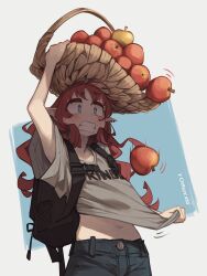 Rule 34 | absurdres, ahoge, alternate costume, apple, arknights, arm up, backpack, bag, balancing, basket, basket on head, black pants, blue background, blue eyes, blush, casual, clenched teeth, clothes writing, cowboy shot, earrings, falling, food, fruit, golden apple, grey shirt, highres, jewelry, long hair, midriff, motion lines, myrtle (arknights), navel, pants, parted lips, pointy ears, red hair, shirt, shirt basket, shirt grab, short sleeves, signature, standing, stomach, teeth, togekk0, two-tone background, white background, wide-eyed