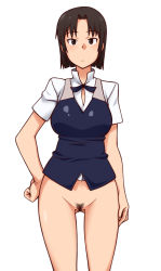 Rule 34 | 1girl, black eyes, black hair, bottomless, female pubic hair, hand on own hip, kyosu, looking at viewer, pubic hair, shirafuji kyouko, short hair, simple background, solo, standing, thigh gap, white background, working!!