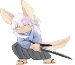 Rule 34 | 10s, artist request, brown eyes, rabbit, furry, made in abyss, nanachi (made in abyss), samurai clothes, short hair, sword, weapon, white hair