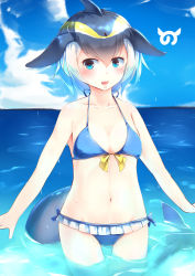 Rule 34 | 10s, 1girl, :d, absurdres, bare shoulders, bikini, black hair, blonde hair, blue bikini, blue eyes, blue sky, blush, breasts, cetacean tail, collarbone, commentary, common dolphin (kemono friends), day, fins, fish tail, groin, hair between eyes, highres, japari symbol, kanzakietc, kemono friends, looking at viewer, multicolored hair, navel, open mouth, outdoors, sky, small breasts, smile, solo, swimsuit, tail, v-shaped eyebrows, water, white background
