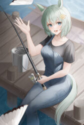 Rule 34 | 1girl, absurdres, animal ears, bird, black shirt, blue eyes, blue overalls, breasts, bsmage, bucket, commentary, ear covers, feet out of frame, fishing, fishing rod, grey hair, hair between eyes, hair ornament, hairclip, highres, holding, holding fishing rod, horse ears, horse girl, horse tail, lake, medium breasts, official alternate costume, open mouth, outdoors, overalls, seiun sky (umamusume), shirt, short hair, single ear cover, sitting, smile, solo, symbol-only commentary, tail, teeth, umamusume, water, waving, wooden deck