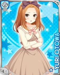 Rule 34 | 1girl, :o, blue background, bow, brown bow, brown dress, brown eyes, card, character name, collarbone, dress, girlfriend (kari), hair bow, long hair, long sleeves, looking at viewer, official art, open mouth, orange hair, otowa yuri, pink bow, qp:flapper, solo, straight hair, tagme
